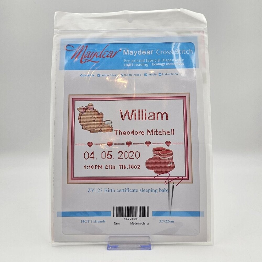 Maydear Birth Certificate Sleeping Baby Cross Stitch Kit Pre-Printed Fabric